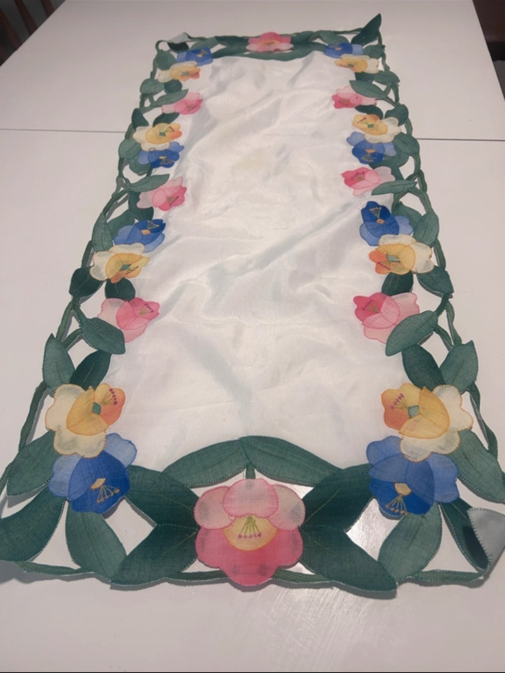 VTG Embroidered Floral Cutwork Table Runner - White with Multicolor Flowers